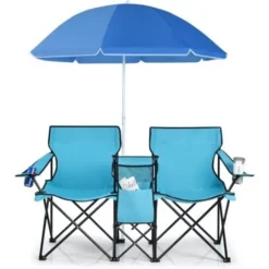COSTWAY Chaise De Camping Pliante, Fauteuil De Jardin 2 Places Avec Glacière, Porte-gobelet, Parasol, Sac,152x52x85CM, Charge Max 113 KG, Pour Randonnée, Plage, Pêche (Turquoise)