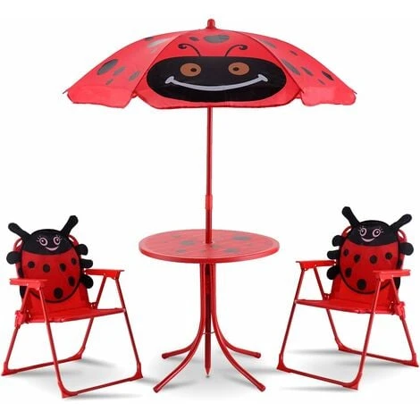 GIANTEX Ensemble De Jardin Pour Enfant Avec Parasol, Table Pour Enfant Pliable, 2 Chaises, Meubles Pour Jardin, Camping, Terrasse, Rouge