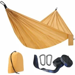 Hamac Jardin Exterieur Voyage Ultra-léger Double Couche Durable En Parachute Nylon Max Payload 300KG275x140cm 2 Mousquetons2 SanglesHamac De Camping Randonnée Trekking (jaune Sable)