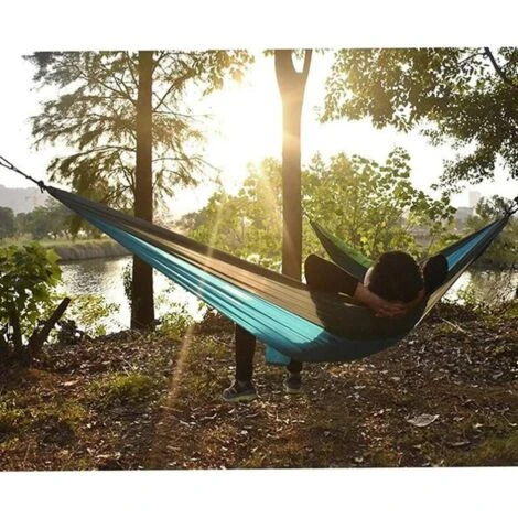 Hamac Jardin Exterieur Voyage Ultra-léger Double Couche Durable En Parachute Nylon Max Payload 300KG275x140cm 2 Mousquetons2 SanglesHamac De Camping Randonnée Trekking (jaune Sable) – Image 2