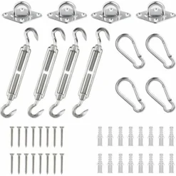 SWAWIS Kit Fixation Voile D'ombrage, 44 Pièces Acier Inoxydable Accessoire Pour Voile D'ombrage, Kit De Montage Fixations Pour Voile D'ombrage Triangulaire Carrés Rectangulaire