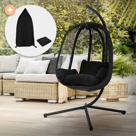 Chaise Suspendue Fauteuil œuf Intérieur/extérieur Coussins Noir Et Housse Noir