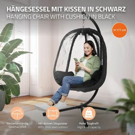 Chaise Suspendue Fauteuil œuf Intérieur/extérieur Coussins Noir Et Housse Noir – Image 2