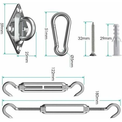 Kit De Fixation Pour Voile D'Ombrage, 44 Pcs Inoxydable Kit De Montage Fixations D'ombrage De Voile, Kit Accessoires De Fixation De Matériel Pour Auvents Carrés Rectangle Et Triangulaires – Image 5