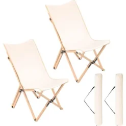 COSTWAY Chaise De Jardin Extérieur Lot De 2 Style Papillon, Chaise Pliante Camping Portable Bambou Avec Sac, Chaise Extérieur Intérieur Pour Pique-Nique Pêche Salon, Charge 150 KG, Beige